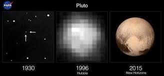 Montagem de três imagens da NASA mostrando a evolução da fotografia de Plutão: um ponto brilhante distante na descoberta em 1930, uma imagem borrada do telescópio Hubble em 1996 e uma foto nítida e detalhada da superfície feita pela sonda New Horizons em 2015