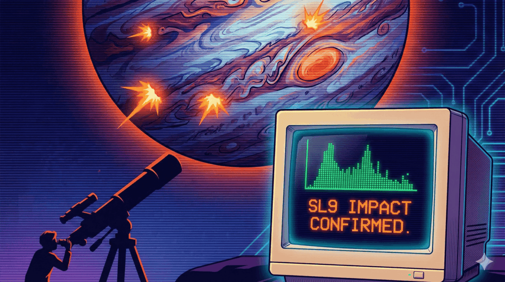 Ilustração em estilo retrô de um astrônomo olhando por um telescópio para o planeta Júpiter, que mostra múltiplas explosões de impacto. Ao lado, um monitor de computador antigo com um gráfico verde e o texto "SL9 IMPACT CONFIRMED", representando a colisão do Cometa Shoemaker-Levy 9 em 1994.