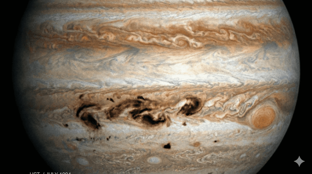 Imagem do planeta Júpiter capturada em 1994, mostrando várias manchas marrons e escuras em seu hemisfério sul. Estas são as cicatrizes deixadas pelos múltiplos impactos dos fragmentos do cometa Shoemaker-Levy 9.