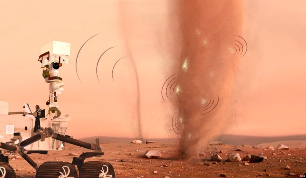 Ilustração do Perseverance observando um dust devil em Marte com descargas elétricas visíveis dentro da coluna de poeira.