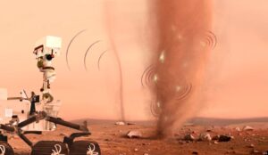Ilustração do Perseverance observando um dust devil em Marte com descargas elétricas visíveis dentro da coluna de poeira.