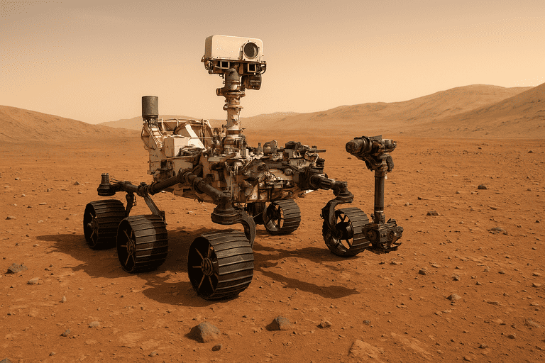 Rover Perseverance da NASA explorando o solo marciano em um terreno árido com montes ao fundo.